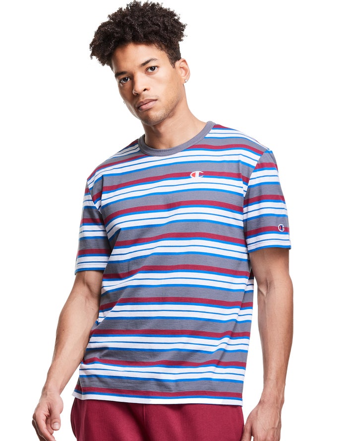 Champion T-Shirt Heren - Grijs/Wit/Rood - Yarn-Dye Stripe C Logo ( 069247-EPO )